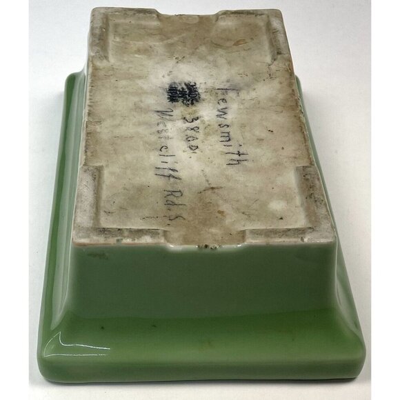 VTG 9.5" x 6"x 3" Green Glazed Terra Cotta Planter Pot w/ Flower Frog Kenzan - Picture 6 of 7